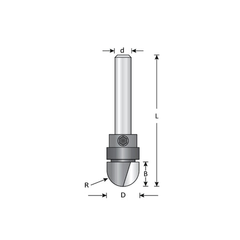 Mèche toupie 1/2'' de diamètre, pointe en carbure, embout à noyau, 2 cannelures, tige 1/4'', longueur 2''