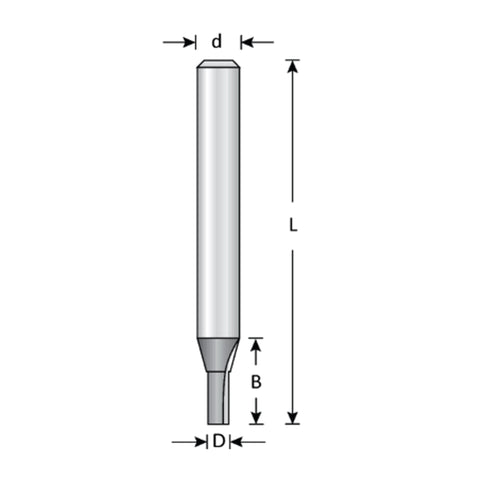 Couteau toupie 8 mm de diamètre, pointe en carbure, embout droit, 2 cannelures, tige 1/4'', longueur 2''