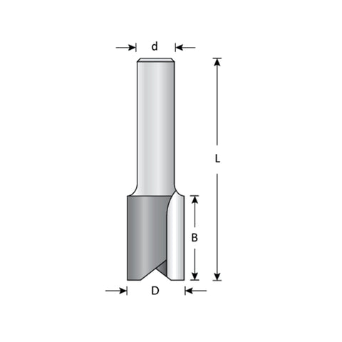 Mèche toupie 1/4'' de diamètre, pointe en carbure, embout droit, 2 cannelures, tige 1/2'', longueur 2''