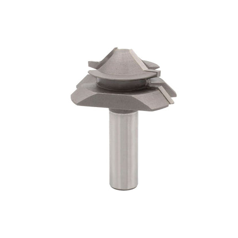 Mèche toupie 1-3/4'' de diamètre, pointe en carbure, embouts pour joint à onglet à verrouillage à 45°, 2 cannelures, tige de 1/2'', longueur de 2-1/4''