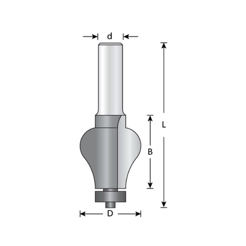 Mèche toupie 1-1/4'' de diamètre, pointe en carbure, embout de main courante avec roulement à billes, 2 cannelures, tige de 1/2'', longueur de 3-3/8''