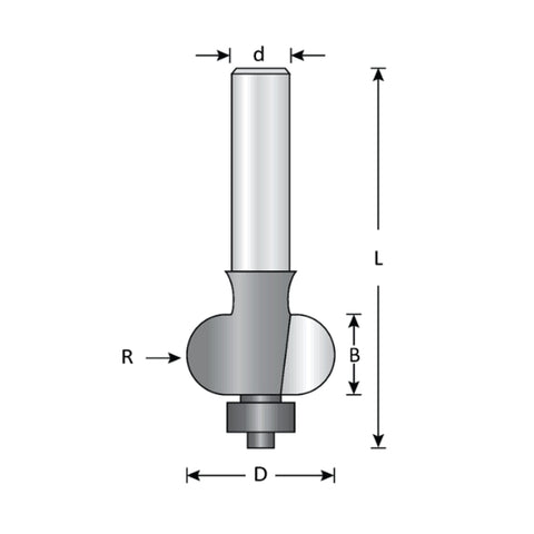 Mèche toupie 7/8'' de diamètre, pointe en carbure, mèche à perler convexe, 2 cannelures, tige de 1/4'', longueur de 2''