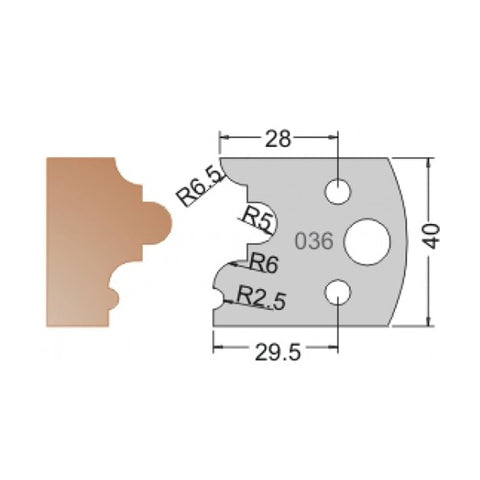 Couteau à profil pour bord d'étagère et moulure de couronne, épaisseur 4 mm, longueur 40 mm