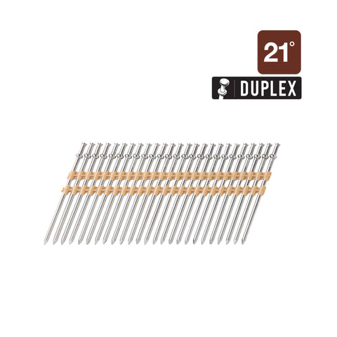 Clou duplex à tige lisse, tête ronde, 2-1/4 po x 0,131 po, 21 degrés, en bande plastique brillant
