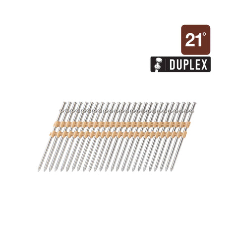 Clous duplex à tige lisse, tête ronde, 2-3/4 po x 0,131 po, 21 degrés, en bande plastique brillant