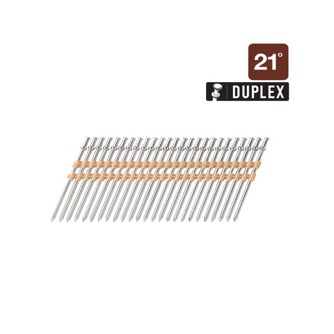 Clous duplex à tige lisse, tête ronde, 21 degrés, 3-1/2 po x 0,131 po, en bande plastique brillant