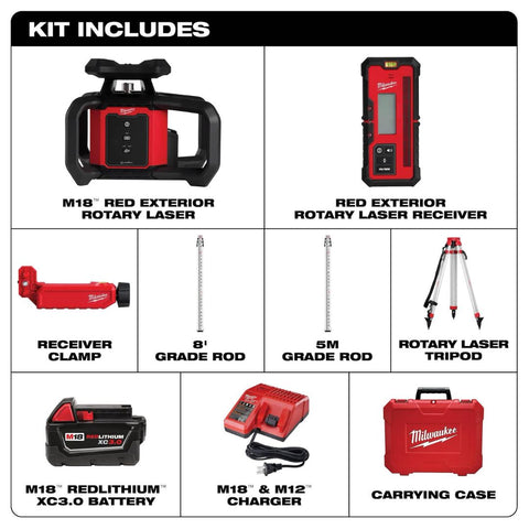 Kit de niveau laser rotatif extérieur rouge M18™ avec récepteur, trépied et tige de qualité