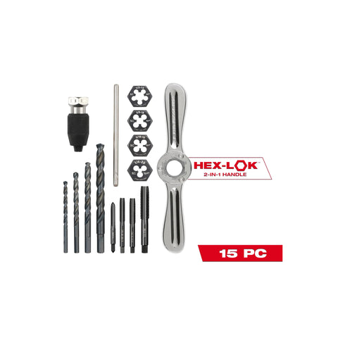 Jeu de tarauds et filières SAE 15 pièces avec poignée Hex-LOK™ 2 en 1