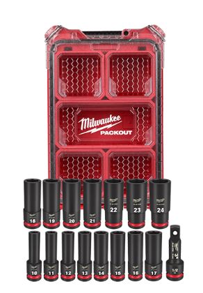 Jeu de 16 douilles profondes 6 pans MÉTRIQUE à prise 1/2'' - PACKOUTJeu de 15 douilles profondes 6 pans SAE/MÉTRIQUE à prise 1/2'' - PACKOUT
